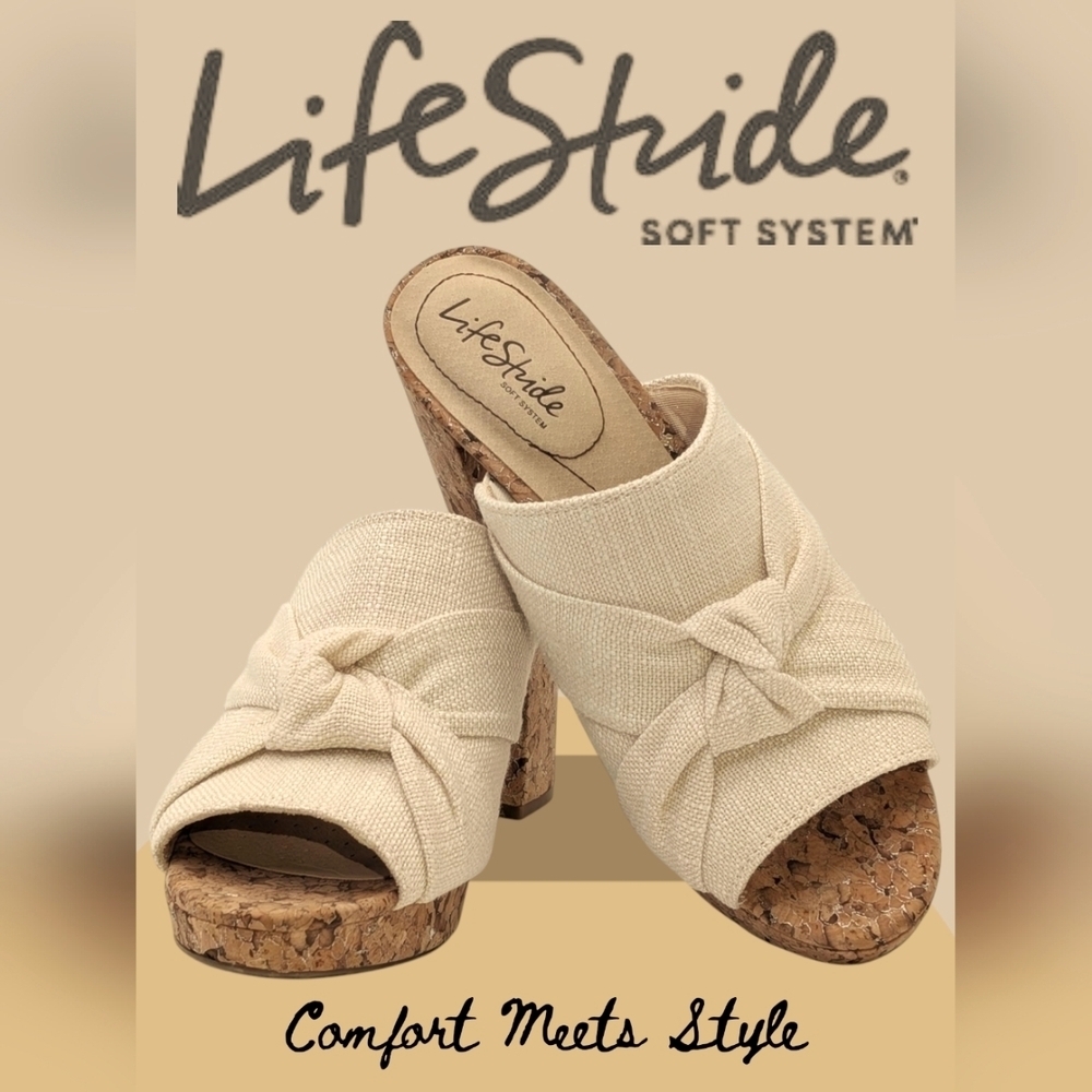 LifeStride Womens Laguna Ivory Peep Toe Slip On Platform Heels Shoes W/Sz 9